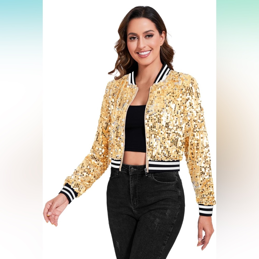 Gold Sequin Cropped Bomber Jacket SZ Large